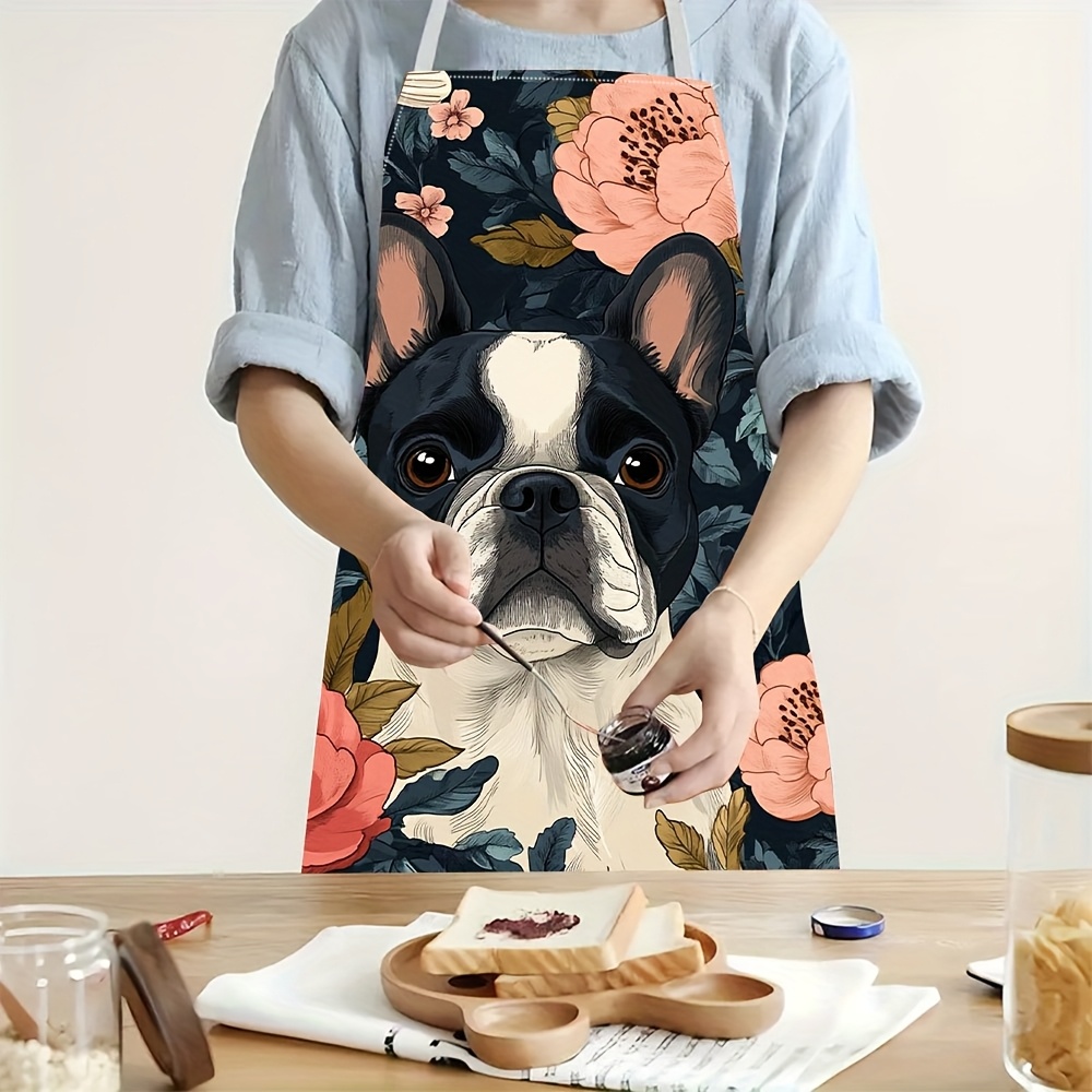 Kitchen Baking Area Ideas - 프렌치 불독 플로럴 앞치마 - 린넨