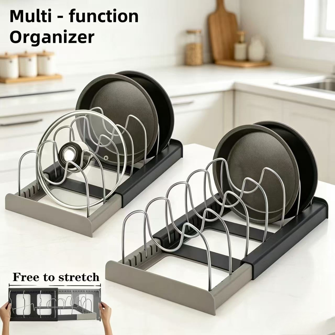 Kitchen Baking Pan Organizer - 7칸 텔레스코픽 냄비걸이, 프라이팬 정리대, 냄비,
