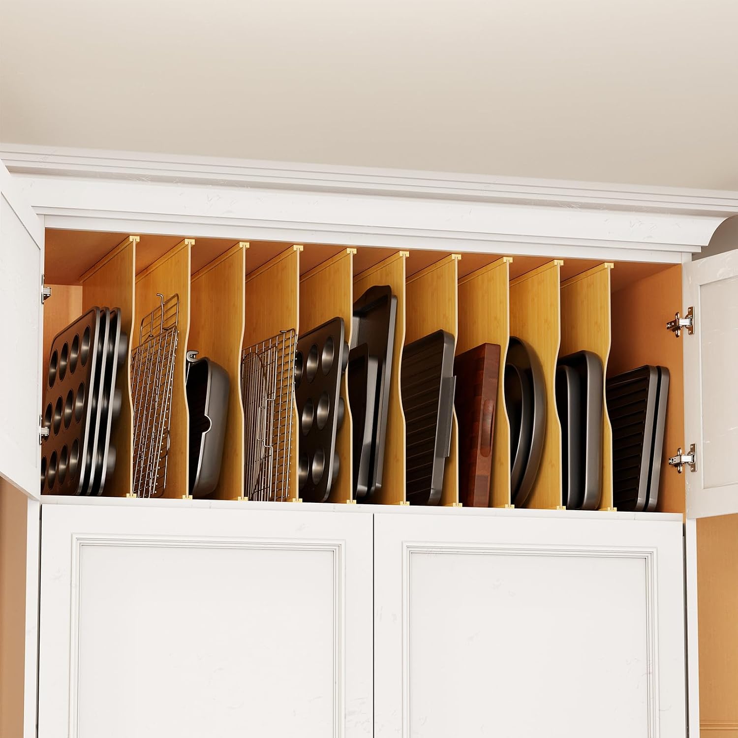 Kitchen Baking Sheet Organizer - 주방 캐비닛용 대나무 트레이 디바이더 10개,