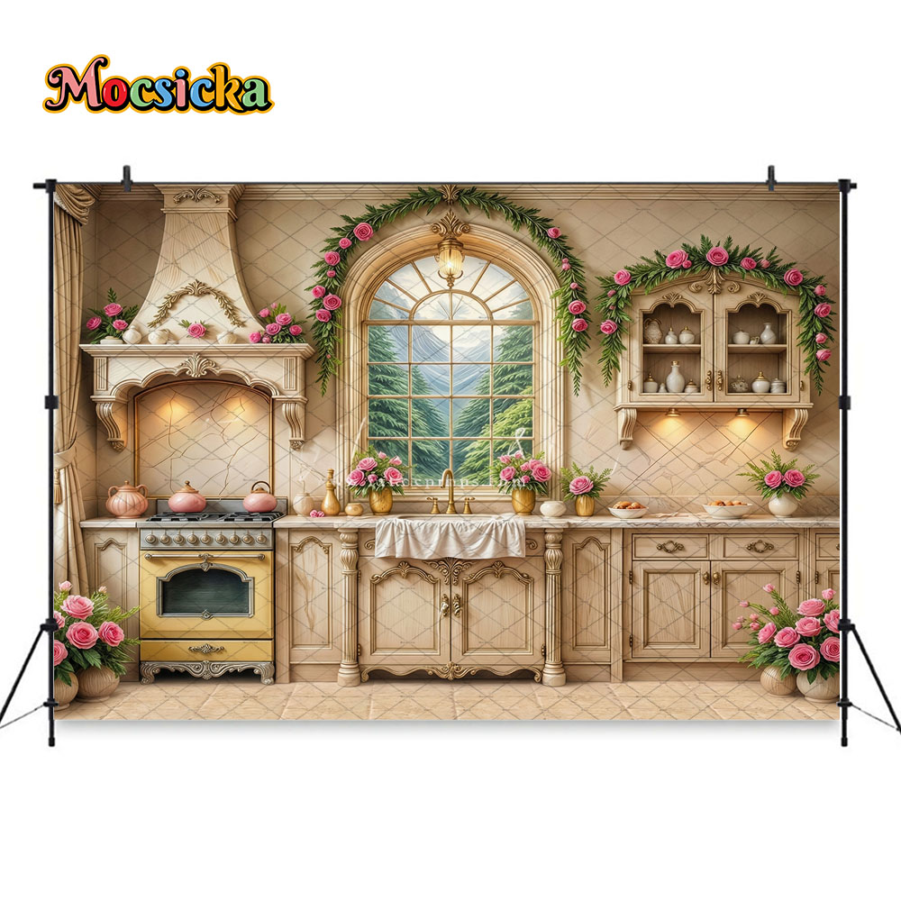 Mocsicka 배경 사진 복고풍 코티지 주방 핑크 로 - Kitchen Baking Photoshoot 리뷰 및 가격