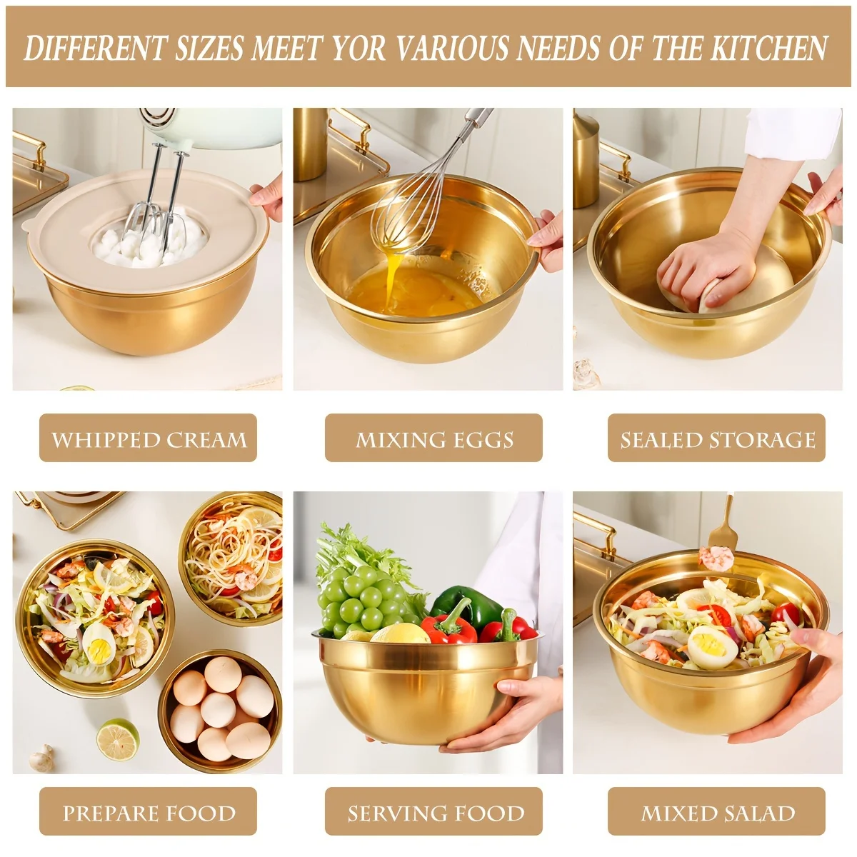 뚜껑과 샤프너가 포함된 10피스 골드 스테인리스 스틸  - Kitchen Baking Bowls 리뷰 및 가격